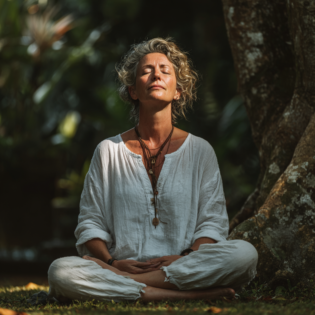 Peaceful middle-aged woman in her early 50s practicing yoga meditation in lotus position outdoors, wearing comfortable white clothing, surrounded by natural greenery, expressing serenity and mindfulness